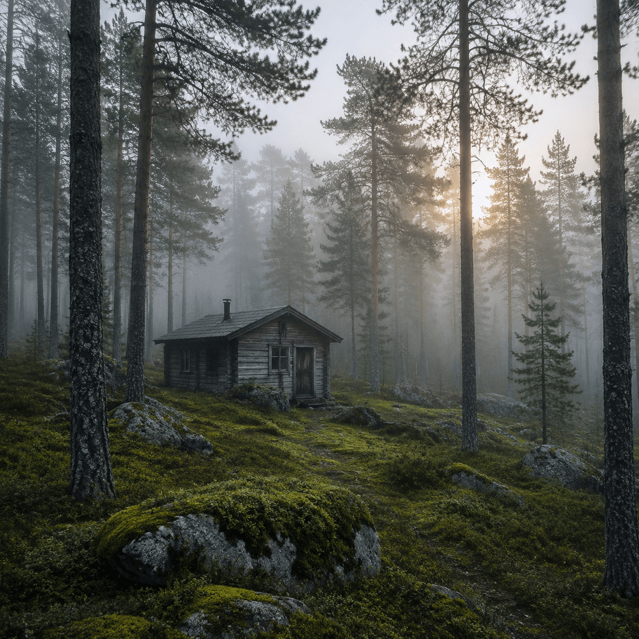 Misty forest cabin prompt example